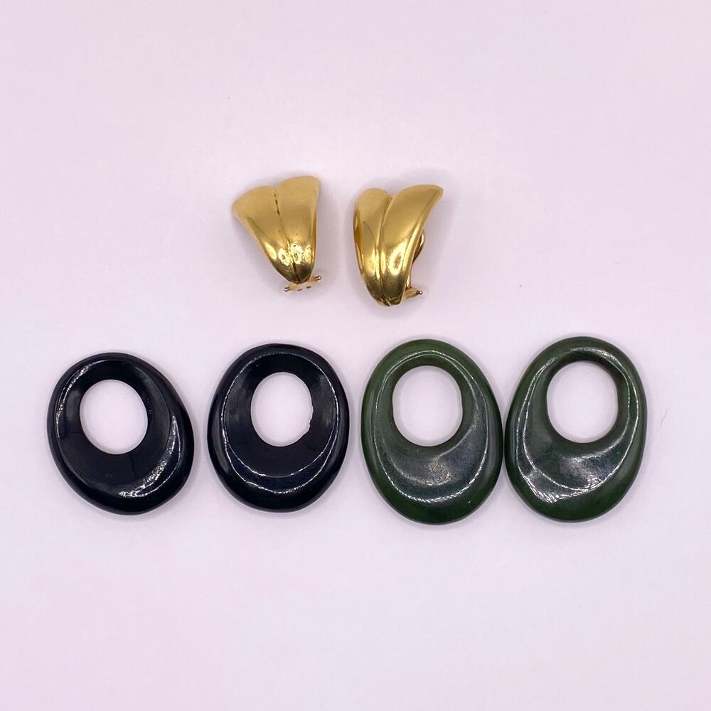 Vintage, 3-in-1, 1960s 18K Gold Earrings w/ Real Jade & Onyx Accessories #401